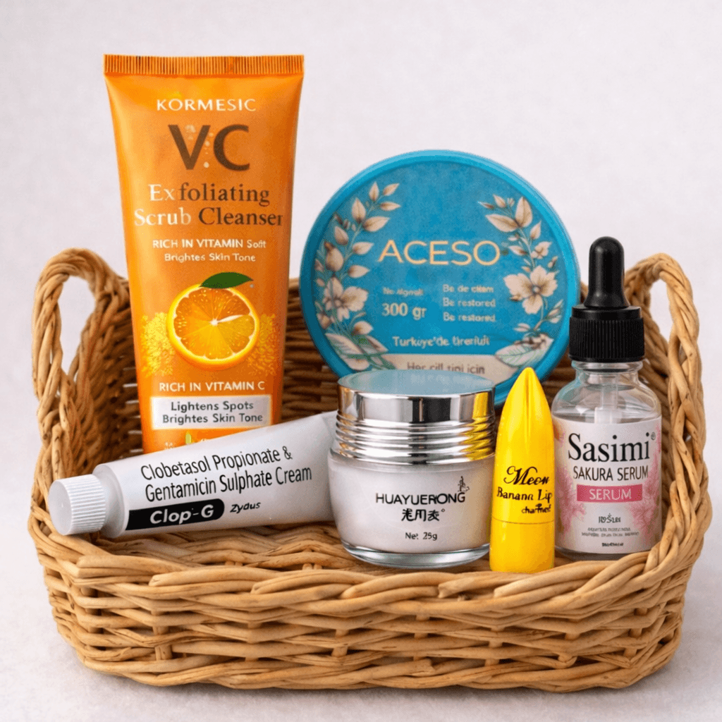 Sada pori combo: Pearl Night cream-1pcs+ medsam body cream-1pcs+sasimi sakura serum+Clop g cream - 1pcs+ cleanser 1pcs +Gift: Banana lip balm-1pcs