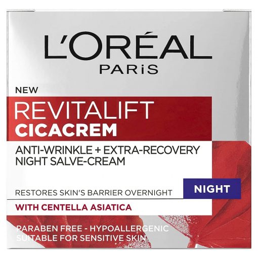 Revitalift Cica Anti Wrinkle Recovery Night Cream Discover the 1st overnight, anti-ageing repairing cream concentrated in Centella Asiatica. This Cica Cream restores the skin’s barrier overnight, as during the day our skin is exposed to external aggressions that can have an effect on its barrier and accelerate the appearance of signs of ageing. Less exposed to external aggressions, night-time is an ideal moment for skin to restore its protective barrier. Traditional Cica Creams were born from French pharmacies and soothe damaged skin by reinforcing its barrier functions. Centella Asiatica has been used for centuries in Traditional Chinese Medicine and is famed for its repairing abilities. Legend has it that tigers would roll on the plant to heal their wounds. The repairing power of Centella Asiatica, commonly known as ‘The Tiger Herb’, has been harnessed in this 8-hour night recovery cream. In just 7 days, the skin’s repairing capacity is boosted by 10%, wrinkles appear reduced and skin appears plump. Tested under dermatological control, on sensitive skin. From Science to Beauty With more than 30 years of dedicated research, at L’Oréal Paris we know your skin inside out – whether normal, dry, dull, sensitive, ageing or combination. Our skincare creams are developed and rigorously tested with leading skin experts and scientists worldwide. Proven science, cutting-edge innovations captured in luxurious textures for a sumptuous skincare experience. For beautiful skin today and more youthful looking skin tomorrow. Goes well with L’Oreal Paris Revitalift Cica Anti-Wrinkle Repair Cream 40ml L’Oreal Paris Revitalift Cica Anti Wrinkle Recovery Eye Cream 15ml Revitalift Cica Anti-Wrinkle Eye Cream An anti-wrinkle and extra-recovery night-salve cream for overnight repair Our Cica Cream is infused with Centella Asiatica Bouncy, non-greasy balm texture Paraben free, hypoallergenic and suitable for sensitive skin